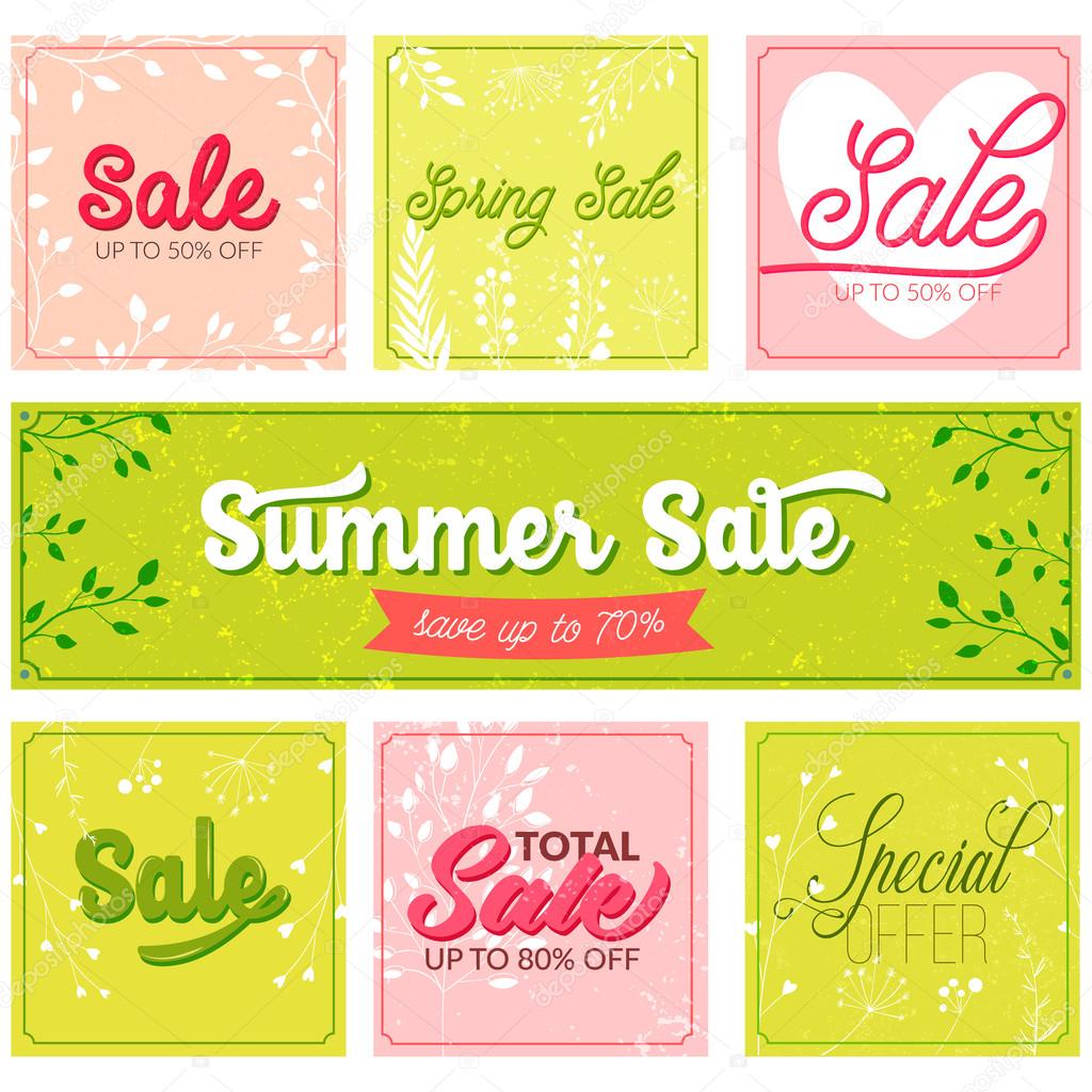 Sale and special offer typography banners. Retro and vintage style posters with grunge texture, pink and green colors. Vector designs for spring and summer advertisement