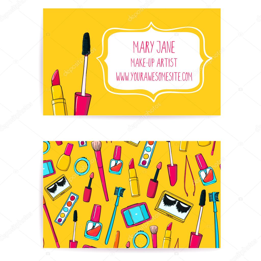 Colorful make up artist business card template. Vector layout with hand drawn illustrations of nail polish tube, makeup brush, eyeliner, lipstick and palette