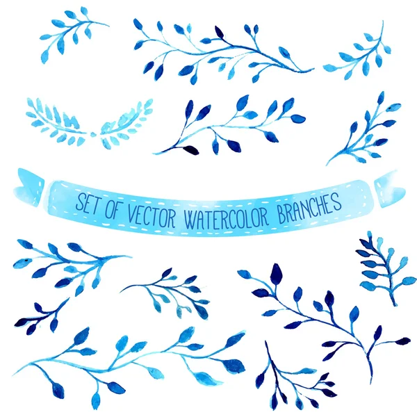 Acuarelas azules ramas con hojas — Vector de stock