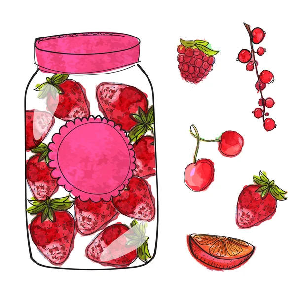 Strawberry jam in jar — Stock Vector
