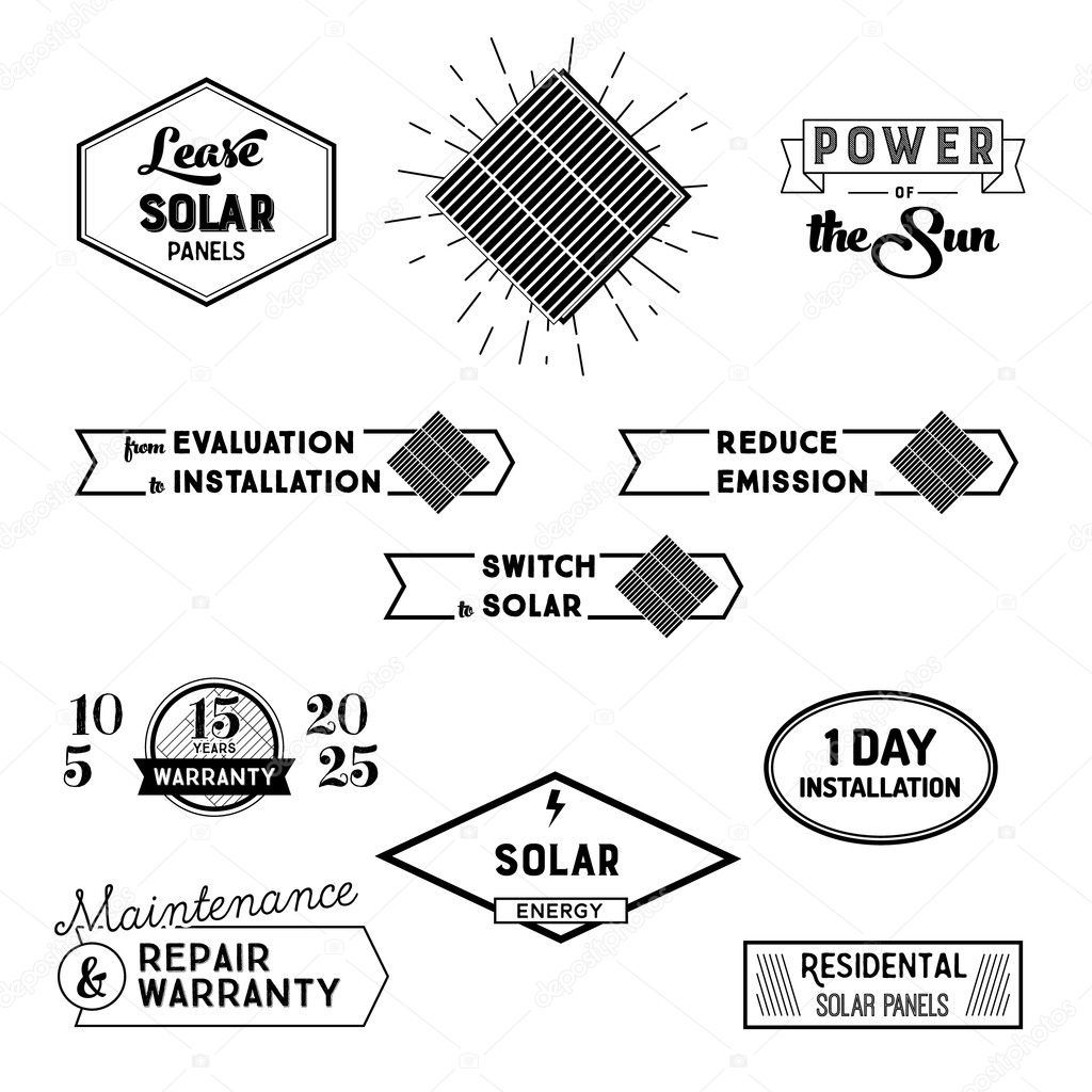 Solar power labels and badges for landing padges and promo. Vector illustrations of solar panels, signs of  repair warranty, lease of panels. Black and white.