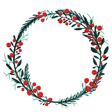 Hand drawn wreath with red berries