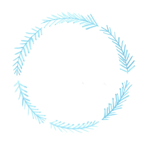 Blue Christmas tree branches with hand drawn needles. Watercolor wreath with spruce. Simple winter frame, circle shape. — Stock Photo, Image