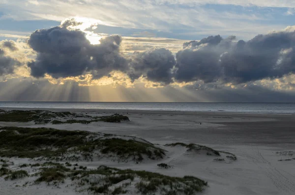 Amrum Island Germany Sun Rays Emerging Dark Storm Clouds Beach — Stock Photo, Image