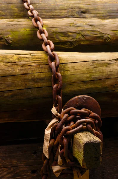 Tronchi di legno fissati con catena — Foto Stock