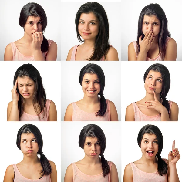 Meisje in verschillende gezichtsuitdrukkingen — Stockfoto