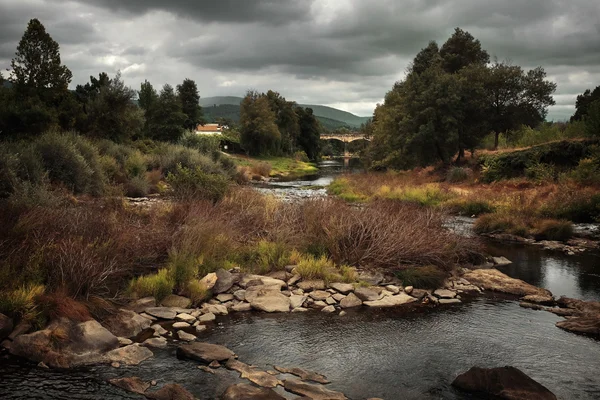 Paisaje con un río y un puente viejo — Foto de Stock