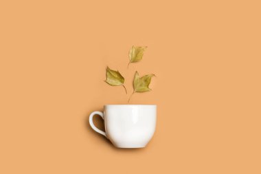 Kahverengi arkaplanda beyaz bir bardak ve kuru yapraklar.