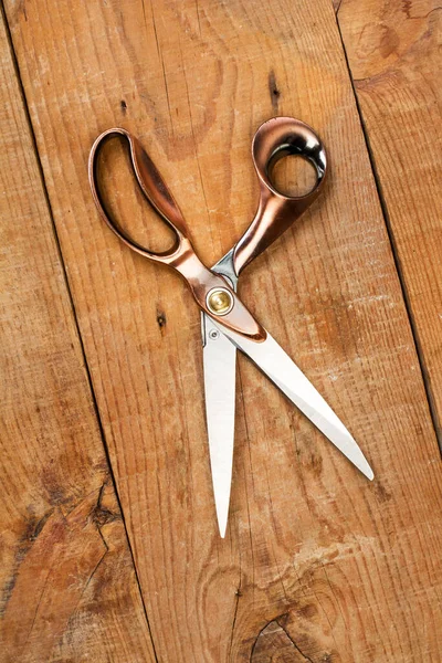 Tailor Scissors Wooden Table Top View — Stock Photo, Image