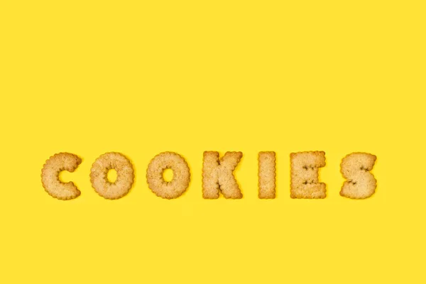 Cookies Word Write Abphabet Letters Cookies Yellow Background — Stock fotografie