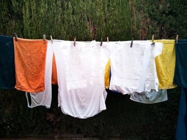 Selvi ağaçlarının önünde çamaşır ipinde asılı elbiseler.