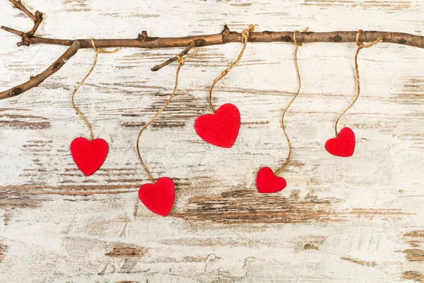 Red Paper Hearts Hanging Branch Wooden Table — Stock Photo, Image