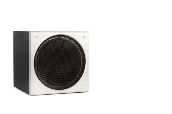 A square subwoofer on a white background with copy space