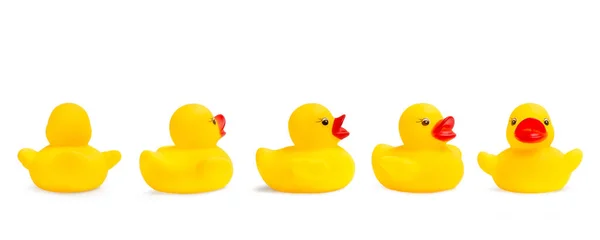 Patos Brinquedo Borracha Amarela Diferentes Vistas Isoladas Fundo Branco — Fotografia de Stock