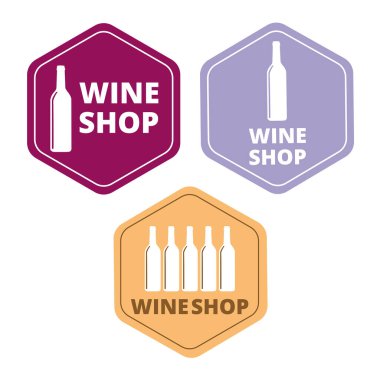 Beyaz arka planda şişe ve metin bulunan renkli şarap dükkanı afişleri.