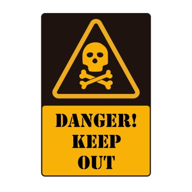 Siyah ve sarı tehlike, beyaz arka planda kafatasları ve metni olan afişleri uzak tutun.