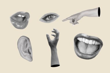 Siyah ve beyaz kadın elleri, ağzı, gözü ve kulağı bej bir arka planda izole edilmiş.