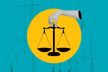 Mavi çizikli arka planda turuncu bir dairede eski bir tartı tutan bir kadının kolajı.