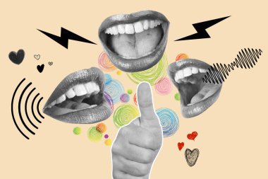 Üç kadın ağzı ve baş parmağı bej bir arka planda, ışınları, kalpleri ve renkli spiralleri olan bir el