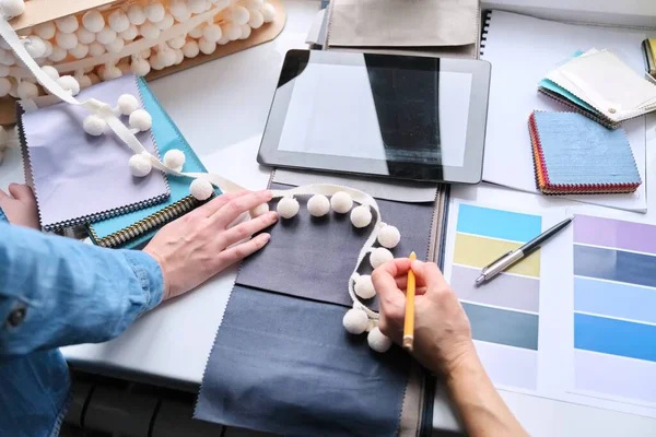 Interior design, fabric samples sketches digital tablet designers hands choosing materials — Stock Photo, Image