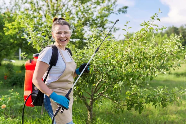 Woman gardener spraying apple trees in a spring orchard — Stock Photo, Image