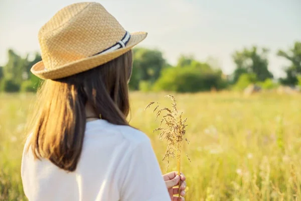 Été nature, vue arrière de l'enfant fille en chapeau de paille déchirant prairie herbes — Photo