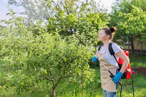 Perempuan tukang kebun penyemprotan pohon apel di kebun musim semi — Stok Foto
