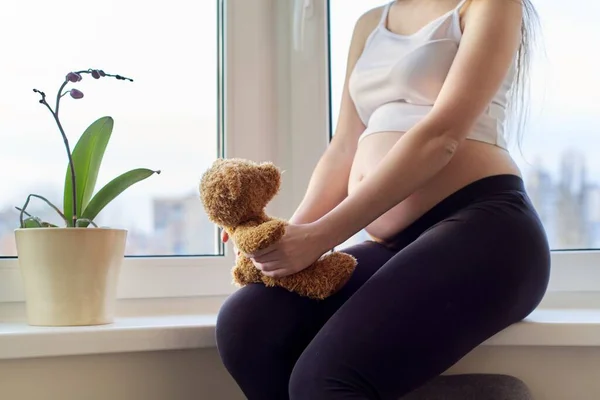 Gravid ung, lykkelig kvinne med lekebamse, hjemme ved vinduet. – stockfoto