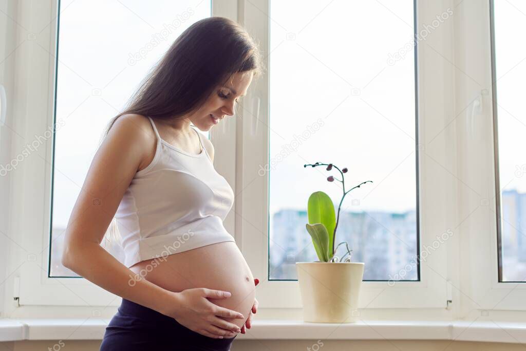 Young beautiful pregnant woman touching her belly with love