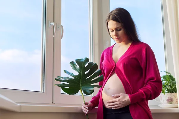 Mujer embarazada con la barriga abierta de pie en casa cerca de la ventana sosteniendo hoja verde — Foto de Stock