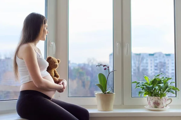 Portret van een zwangere vrouw in de buurt van een panoramisch raam met speelgoed teddybeer — Stockfoto