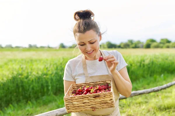 穿着围裙、提着一篮子草莓在农场微笑的中年妇女 — 图库照片