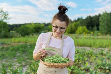 Gülen kadın çiftçi sepetinde taze yeşil fasulye hasadıyla