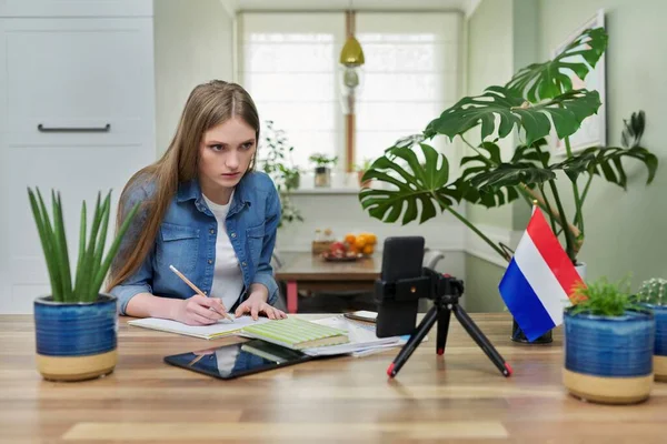 Mujer estudiante sentada en casa estudiando en línea, mirando webcam smartphone —  Fotos de Stock
