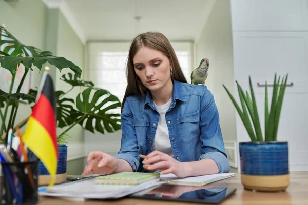 Ženské studentky při pohledu na webkameru, studium němčiny online — Stock fotografie