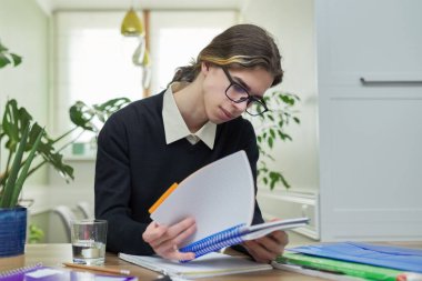 Genç erkek öğrenci evde ders çalışıyor.