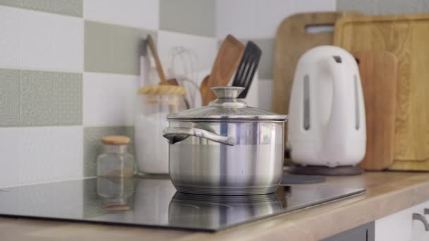 Personne, gros plan d'une casserole en métal chromé avec de l'eau bouillante sur plaque de cuisson électrique — Video