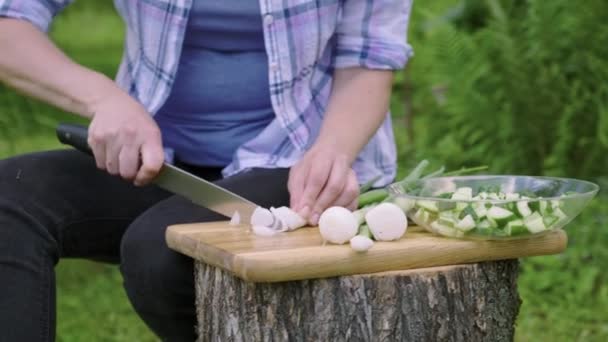 Close up of female hands making vegetable salad in garden outdoor — Stock Video