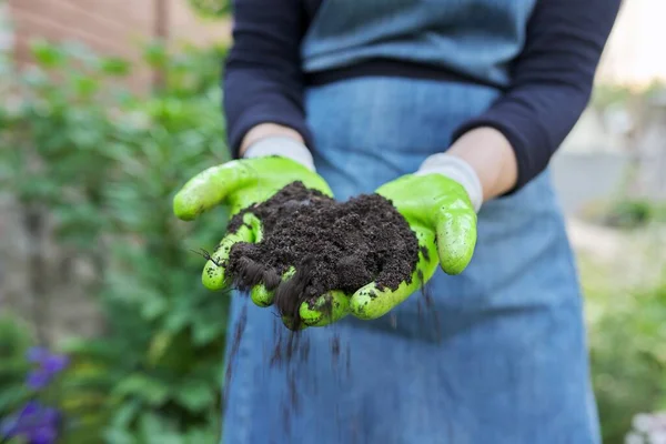 Крупный план женщин в садовых перчатках с черной плодородной почвой — стоковое фото