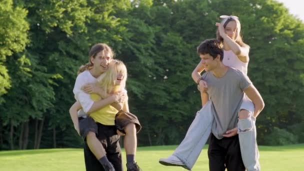 Grupo de adolescentes 16, 17 anos estão se divertindo juntos no verão no parque no gramado verde — Vídeo de Stock