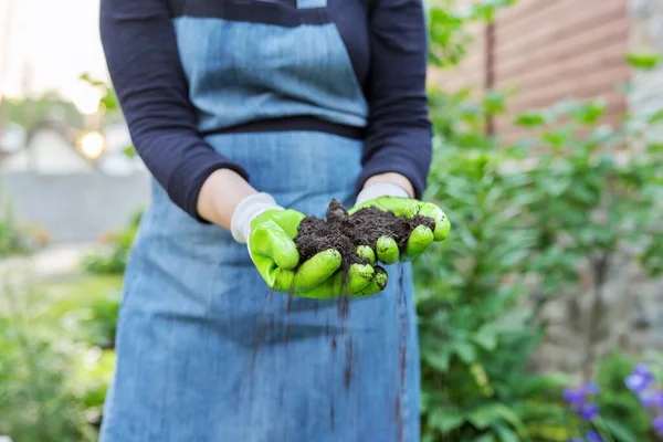 Close-up dari tangan wanita dalam berkebun sarung tangan dengan tanah subur hitam — Stok Foto