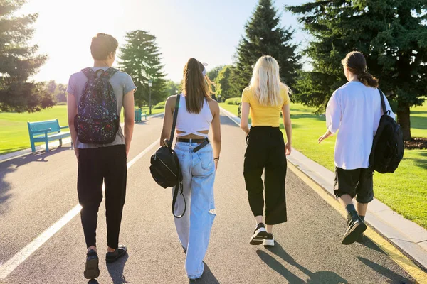 Güneşli bir yaz gününde bir grup genç arkadaş birlikte yolda, arka planda yürürler. — Stok fotoğraf
