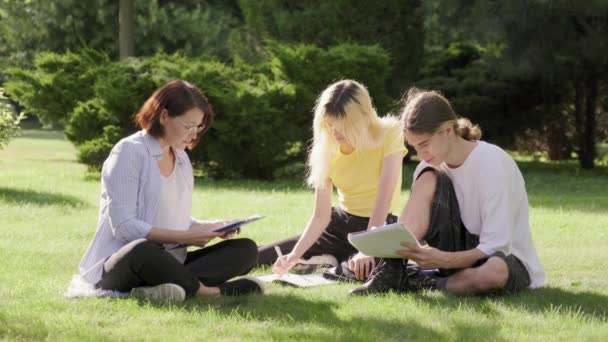 Lehrer, Psychologe, Sozialarbeiter im Gespräch mit Jugendlichen, im Gras sitzend — Stockvideo
