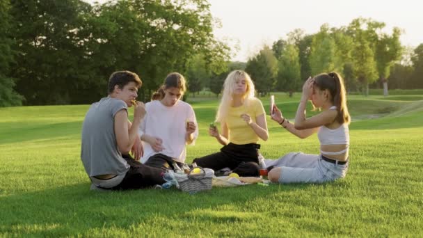 Piknik, grupa czterech nastolatków siedzących na trawniku w parku, jedzących, pijących, rozmawiających, bawiących się — Wideo stockowe
