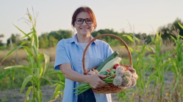 Középkorú női kertész gazda kosár érett zöldség — Stock videók