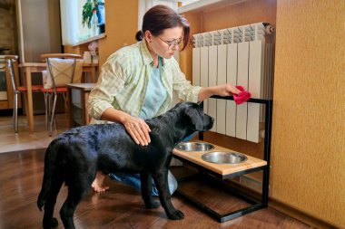 Orta yaşlı kadın ve evcil köpek mutfaktaki evlerinde.
