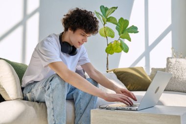 Evdeki kanepede dizüstü bilgisayar kullanan yakışıklı bir erkek portresi. 20 yaşında bilgisayar başında yazı yazan kıvırcık bir öğrenci. Yaşam tarzı, eğitim, teknoloji, gençlik kavramı