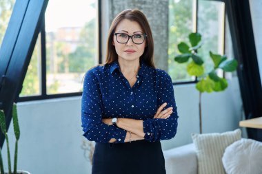 Kameraya bakan orta yaşlı, ciddi bir iş kadınının portresi. Ofiste çapraz kollu 40 'lı yaşlarda kendinden emin bir kadın. İş yönetimi kariyeri olgun insanlar