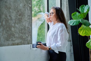 Ofisteki pencereye bakan orta yaşlı, ciddi bir kadın. Boş zaman, rahatlama, yaşam tarzı, iş molasında, iş adamları kavramı