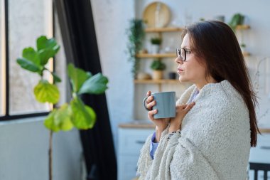 Rahat orta yaşlı kadın battaniyesinin altında ev içi pencerenin yanında, soğuk mevsim sonbahar baharı, ev konforu, yaşam tarzı, insan konsepti